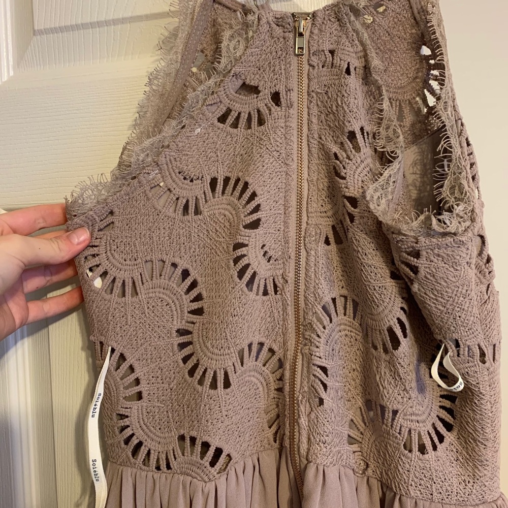 A blush, taupe-y floor length maxi dress